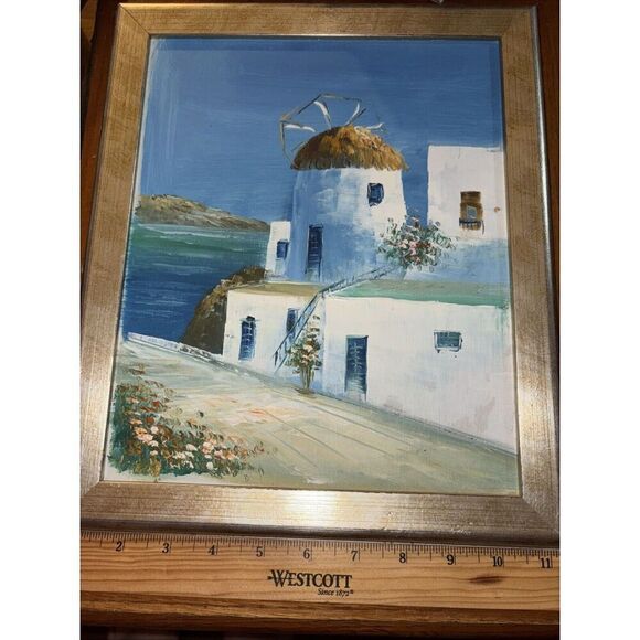 Framed Nautical Seaside Windmill House Painting - Mediterranean Greece Feel - Picture 1 of 4